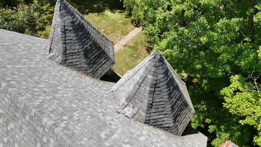 Twin turret cones from the air before the renovation