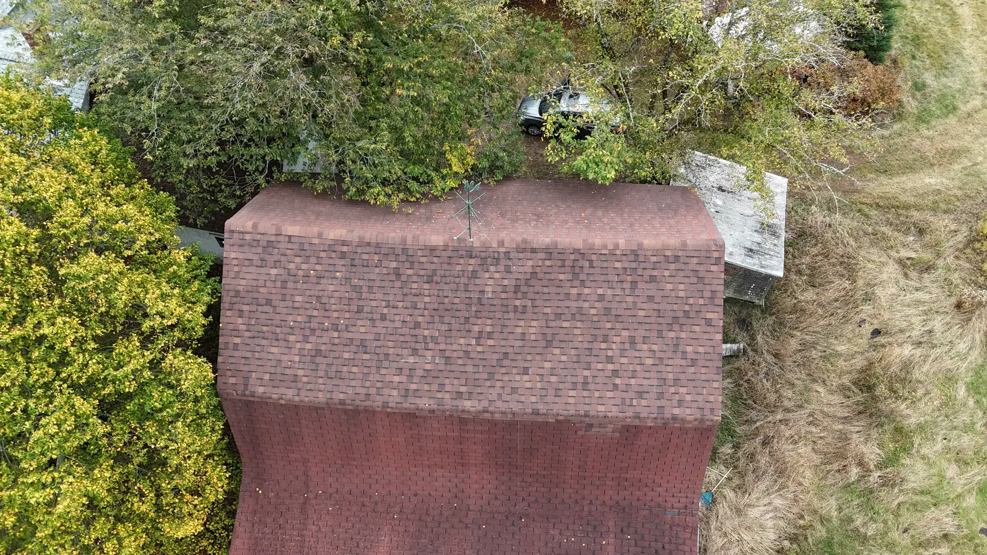 A worn shingle roof with life still in it, photographed from our drone: a Roof Revive candidate